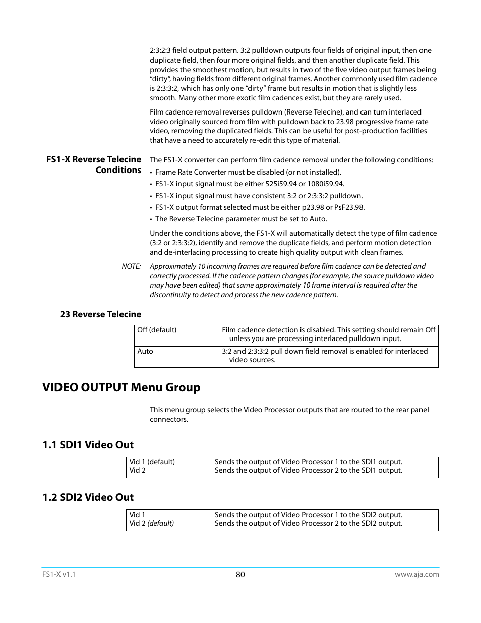 Fs1-x reverse telecine conditions, 23 reverse telecine, Video output menu group | 1 sdi1 video out, 2 sdi2 video out, 1 sdi1 video out 1.2 sdi2 video out, Fs1-x reverse telecine | AJA FS1-X Manual User Manual | Page 80 / 137
