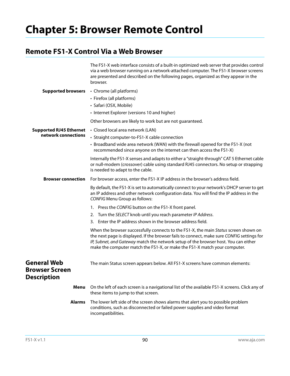 Chapter 5: browser remote control, Remote fs1-x control via a web browser, General web browser screen description | AJA FS1-X Manual User Manual | Page 90 / 137