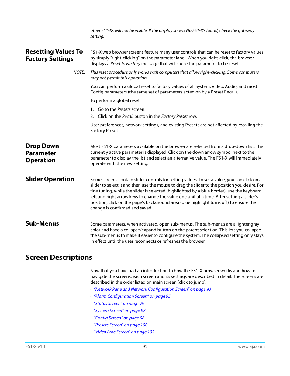 Resetting values to factory settings, Drop down parameter operation, Slider operation | Sub-menus, Screen descriptions | AJA FS1-X Manual User Manual | Page 92 / 137