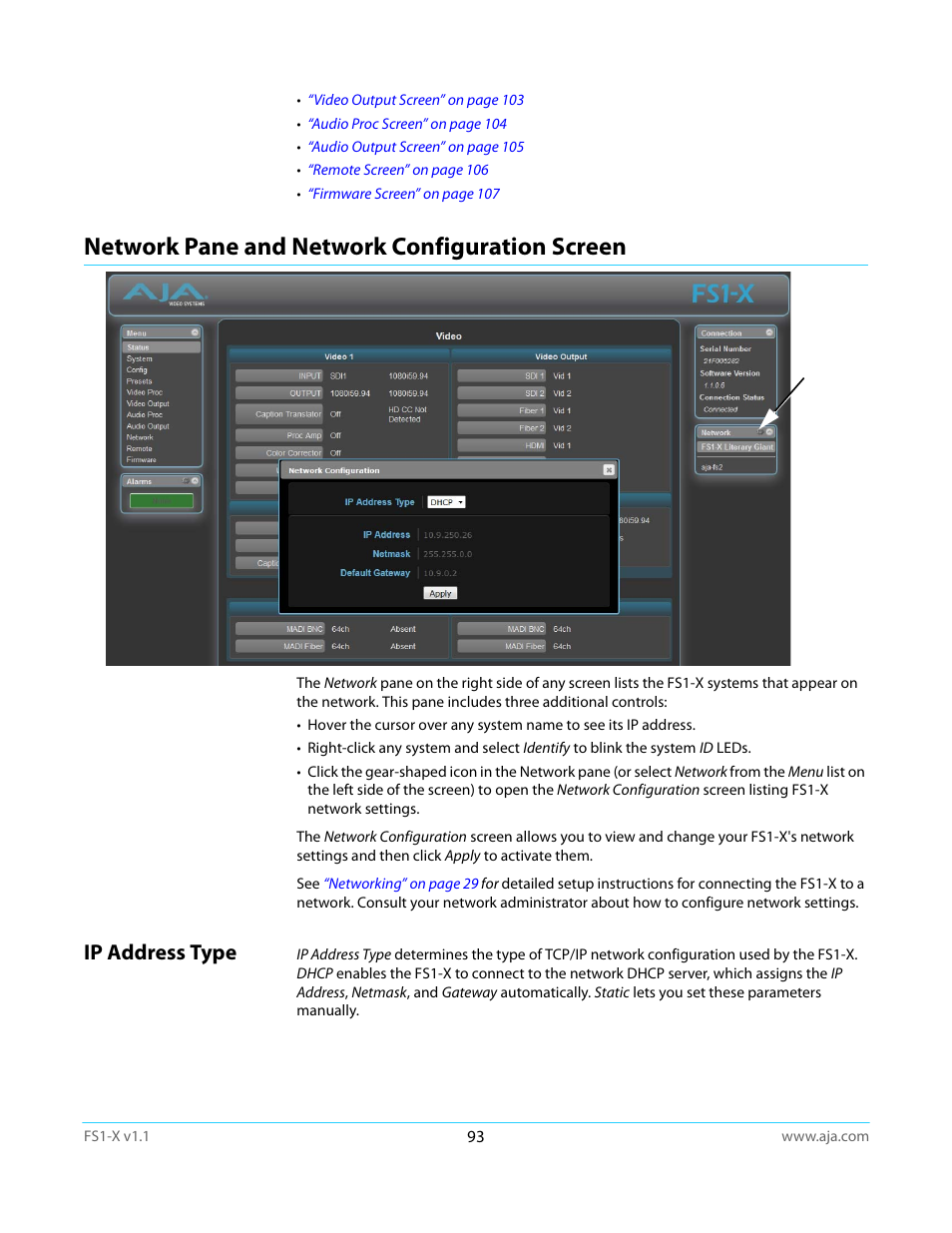 Network pane and network configuration screen, Ip address type | AJA FS1-X Manual User Manual | Page 93 / 137