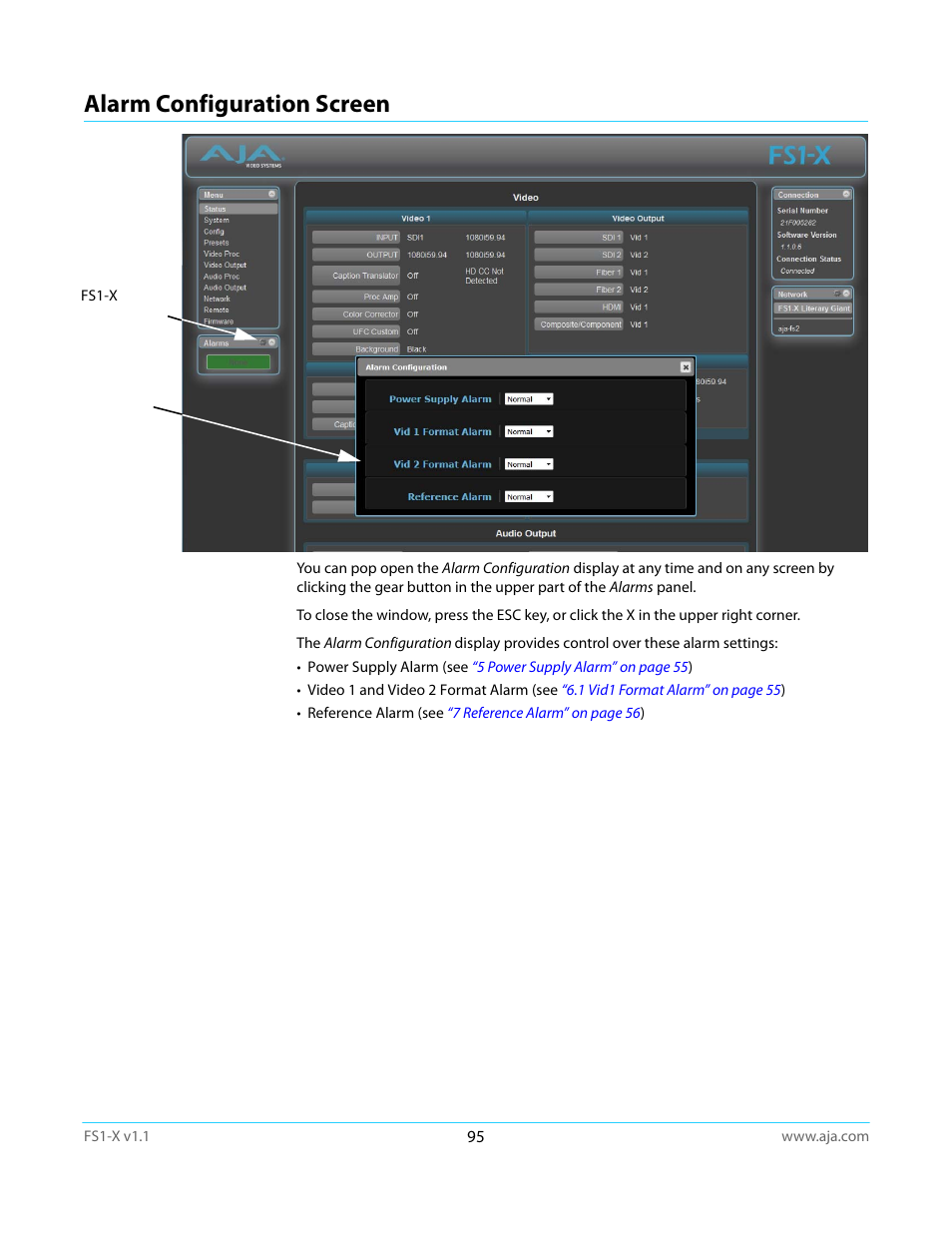 Alarm configuration screen | AJA FS1-X Manual User Manual | Page 95 / 137
