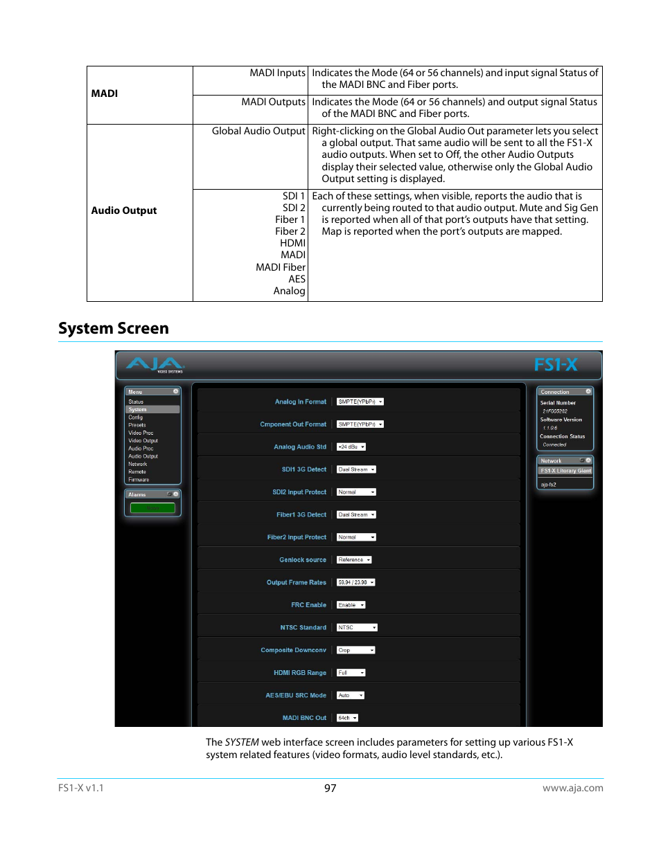 System screen | AJA FS1-X Manual User Manual | Page 97 / 137