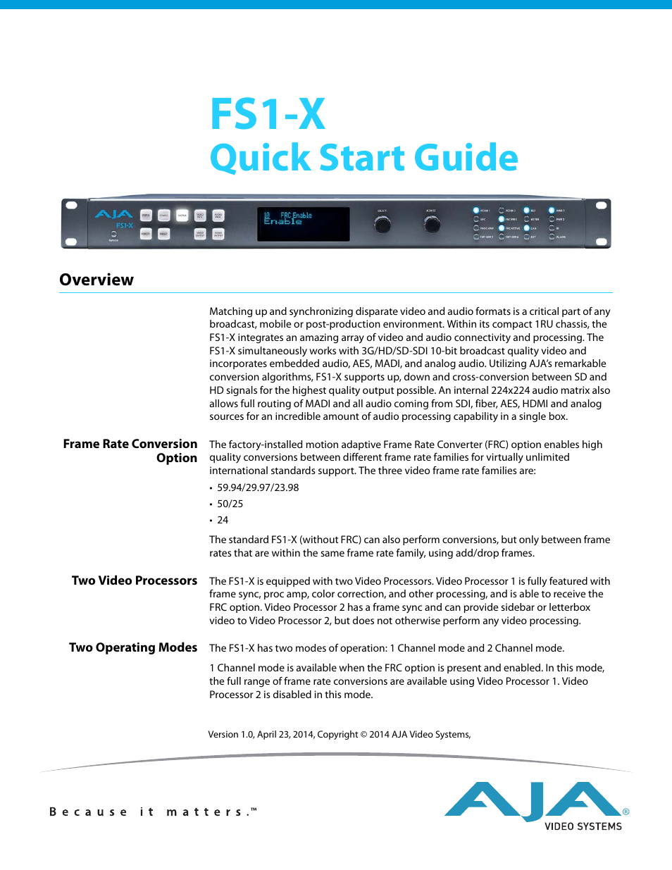 AJA FS1-X Quick Start User Manual | 10 pages