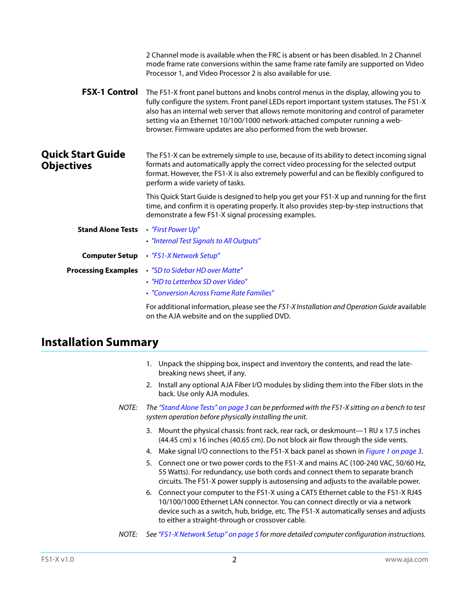 Fsx-1 control, Quick start guide objectives, Installation summary | AJA FS1-X Quick Start User Manual | Page 2 / 10