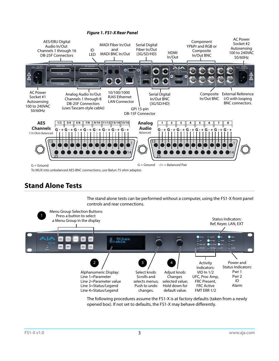 Stand alone tests | AJA FS1-X Quick Start User Manual | Page 3 / 10