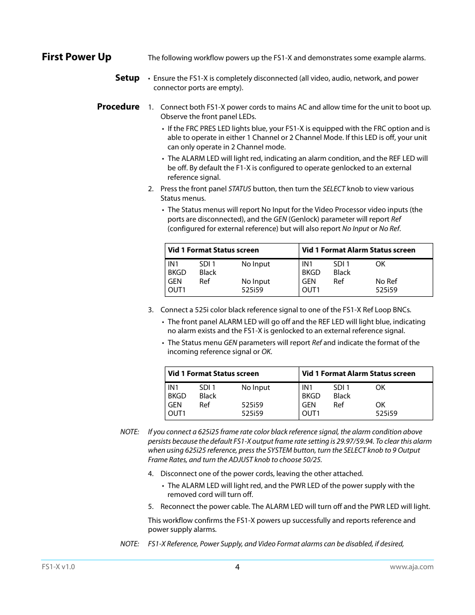 First power up, Setup, Procedure | AJA FS1-X Quick Start User Manual | Page 4 / 10