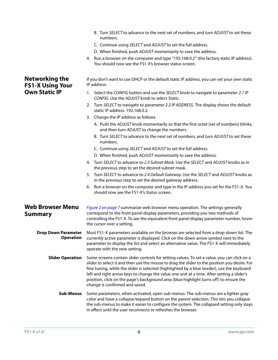 Networking the fs1-x using your own static ip, Web browser menu summary | AJA FS1-X Quick Start User Manual | Page 6 / 10