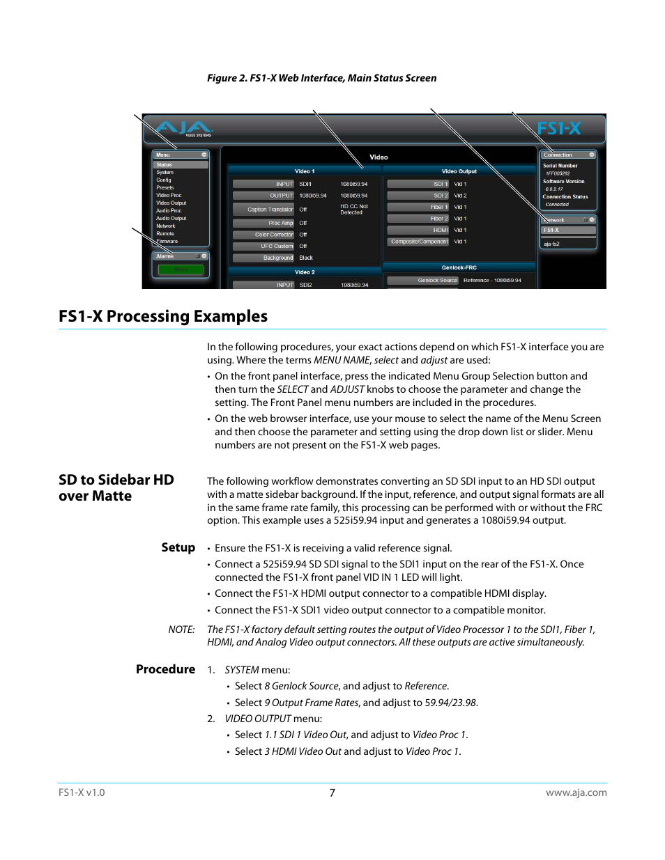 Fs1-x processing examples, Sd to sidebar hd over matte, Setup | Procedure | AJA FS1-X Quick Start User Manual | Page 7 / 10