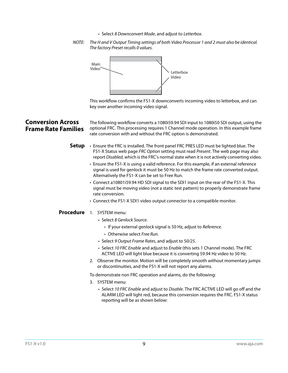 Conversion across frame rate families, Setup, Procedure | AJA FS1-X Quick Start User Manual | Page 9 / 10