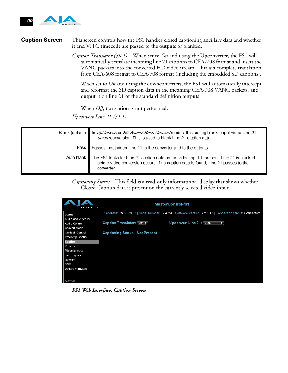 Caption screen | AJA FS1 Version 2.2.0.47 User Manual | Page 100 / 138