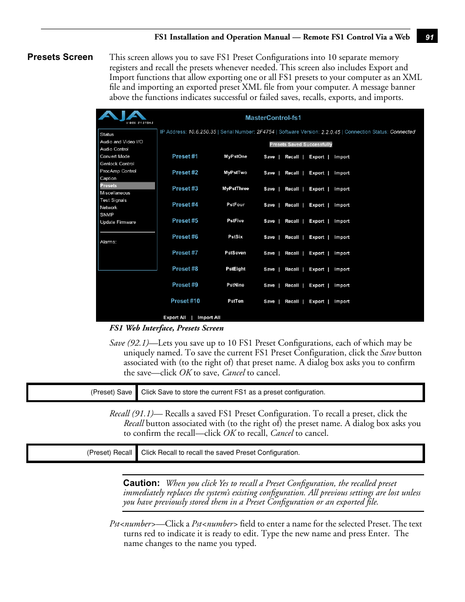 Presets screen | AJA FS1 Version 2.2.0.47 User Manual | Page 101 / 138