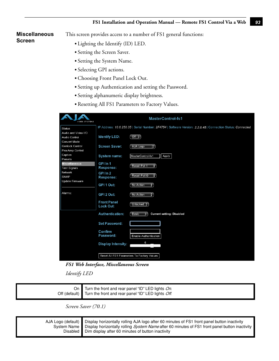 Miscellaneous screen | AJA FS1 Version 2.2.0.47 User Manual | Page 103 / 138