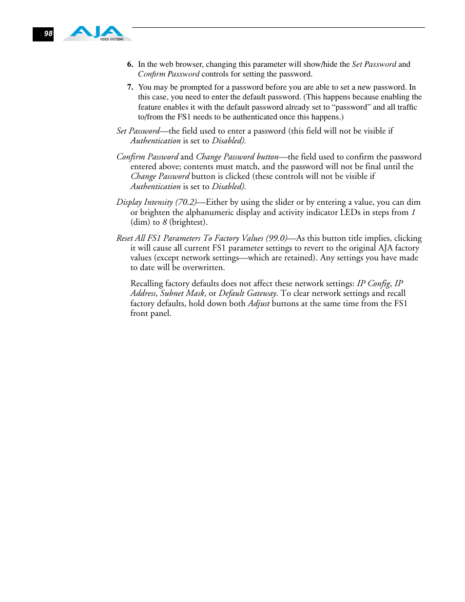 AJA FS1 Version 2.2.0.47 User Manual | Page 108 / 138