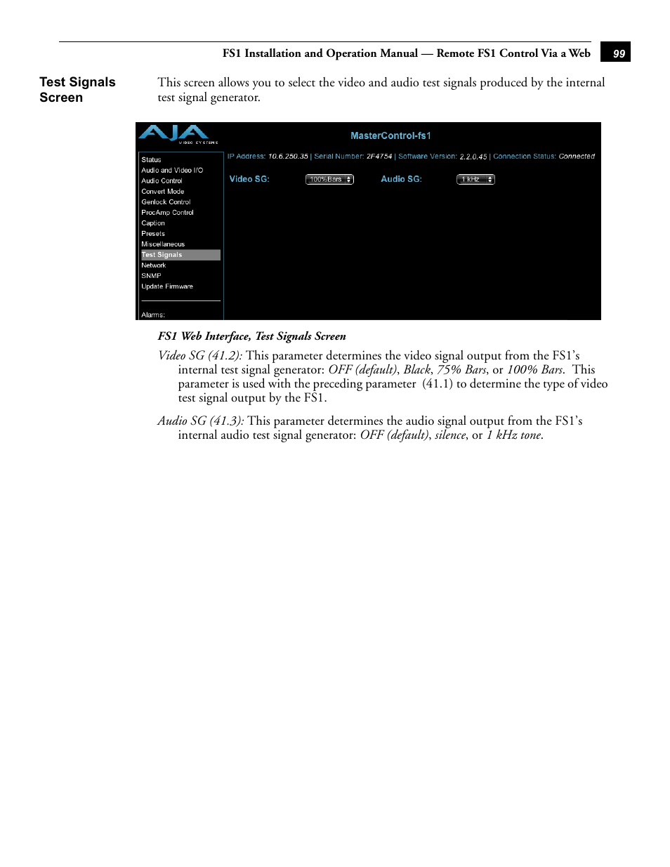 Test signals screen | AJA FS1 Version 2.2.0.47 User Manual | Page 109 / 138
