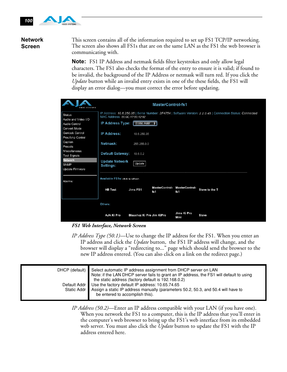 Network screen | AJA FS1 Version 2.2.0.47 User Manual | Page 110 / 138