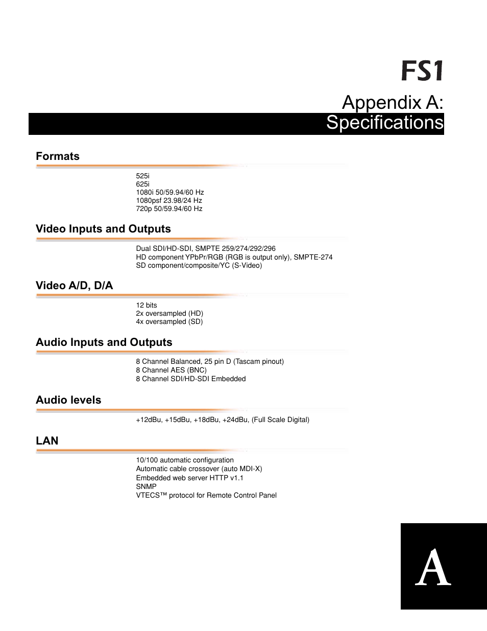 Appendix a: specifications, Formats, Video inputs and outputs | Video a/d, d/a, Audio inputs and outputs, Audio levels | AJA FS1 Version 2.2.0.47 User Manual | Page 115 / 138