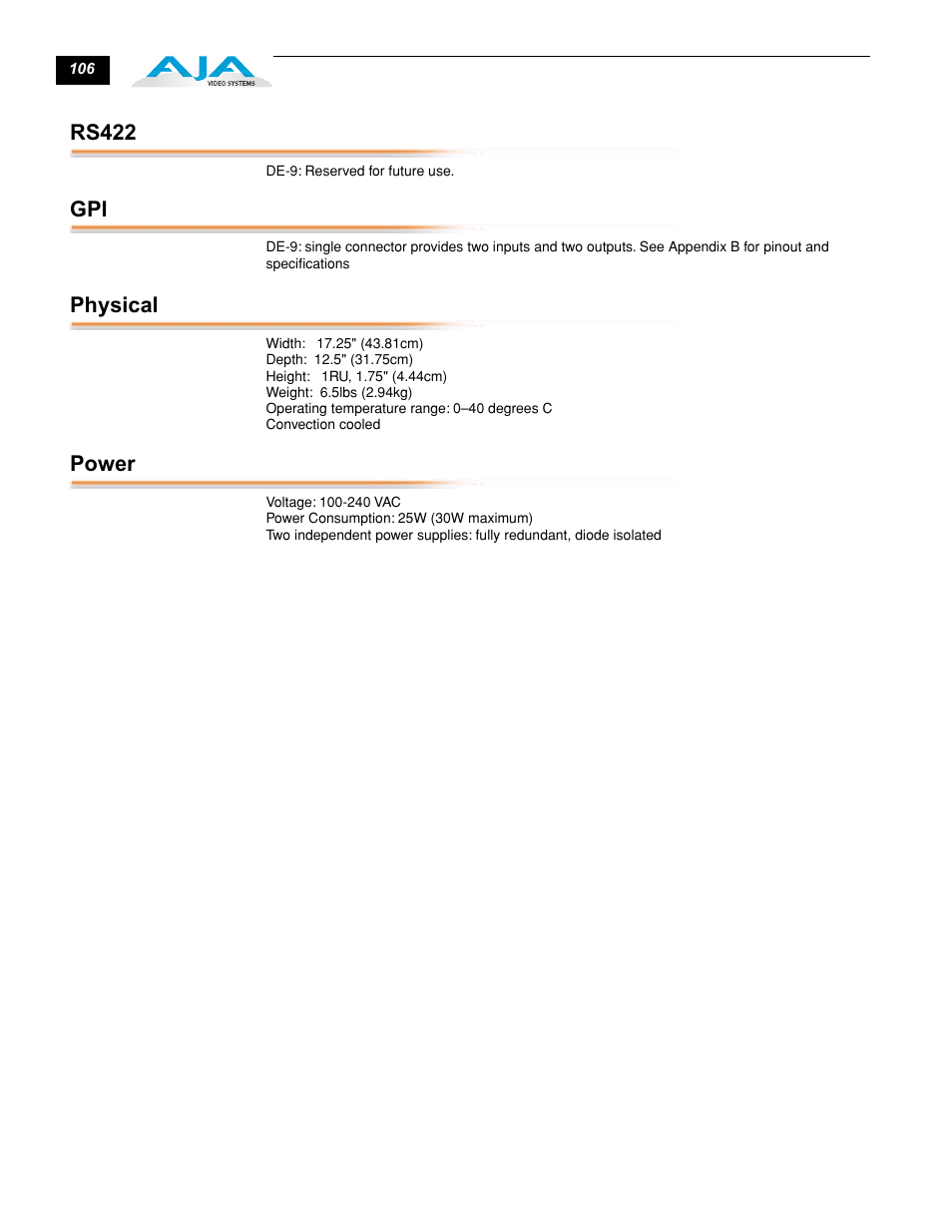 Rs422, Physical, Power | Rs422 gpi physical power | AJA FS1 Version 2.2.0.47 User Manual | Page 116 / 138