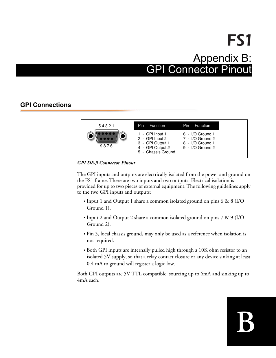 Appendix b: gpi connector pinout, Gpi connections | AJA FS1 Version 2.2.0.47 User Manual | Page 117 / 138