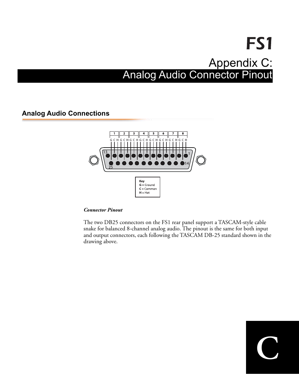 Appendix c: analog audio connector pinout, Analog audio connections | AJA FS1 Version 2.2.0.47 User Manual | Page 119 / 138