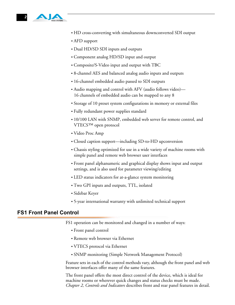 Fs1 front panel control | AJA FS1 Version 2.2.0.47 User Manual | Page 12 / 138