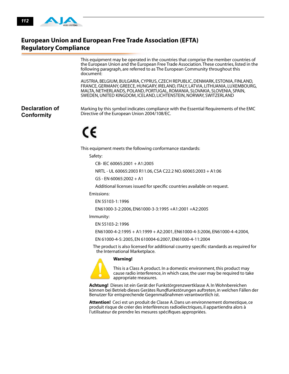 Declaration of conformity | AJA FS1 Version 2.2.0.47 User Manual | Page 122 / 138