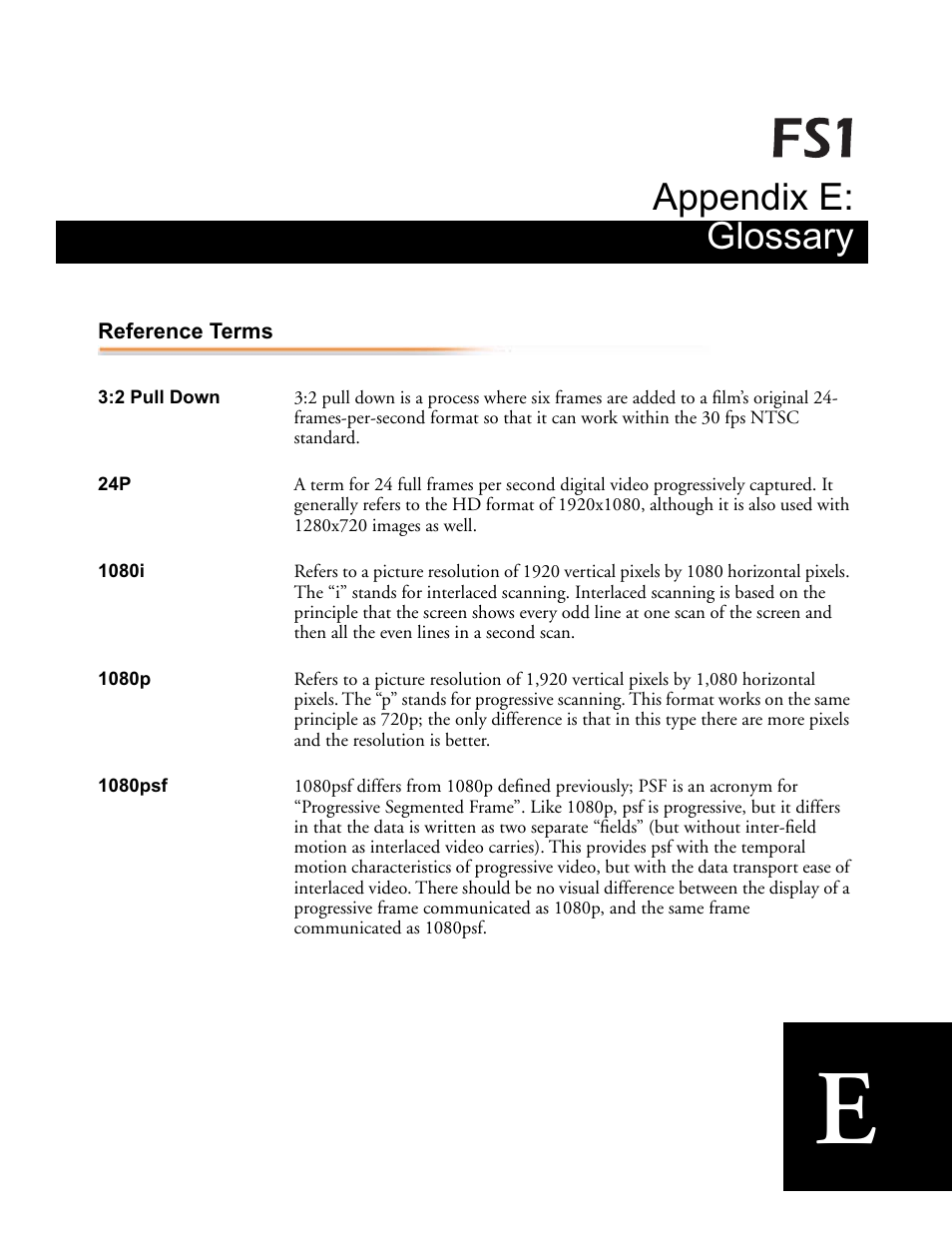 Appendix e: glossary, Reference terms | AJA FS1 Version 2.2.0.47 User Manual | Page 129 / 138