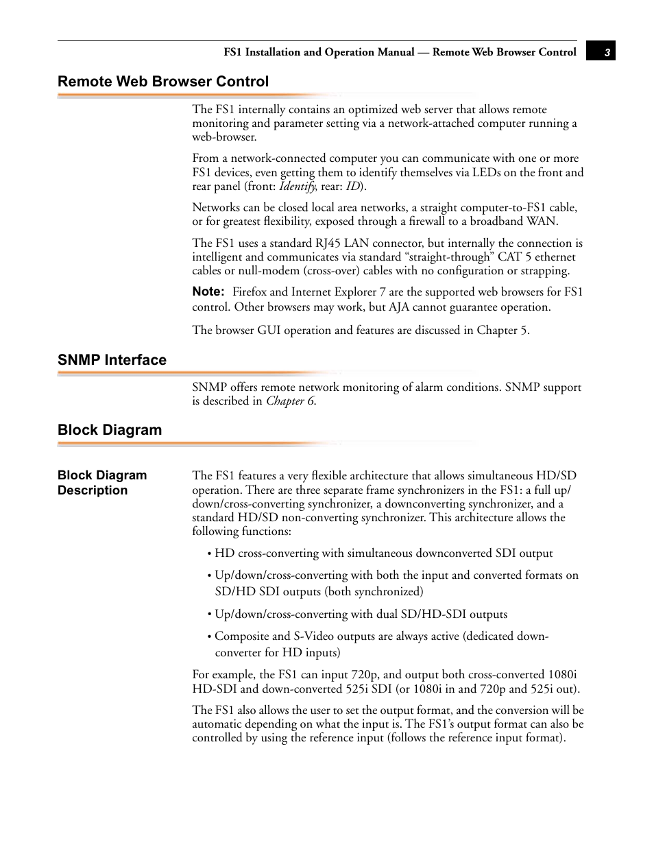 Remote web browser control, Snmp interface, Block diagram | Block diagram description | AJA FS1 Version 2.2.0.47 User Manual | Page 13 / 138