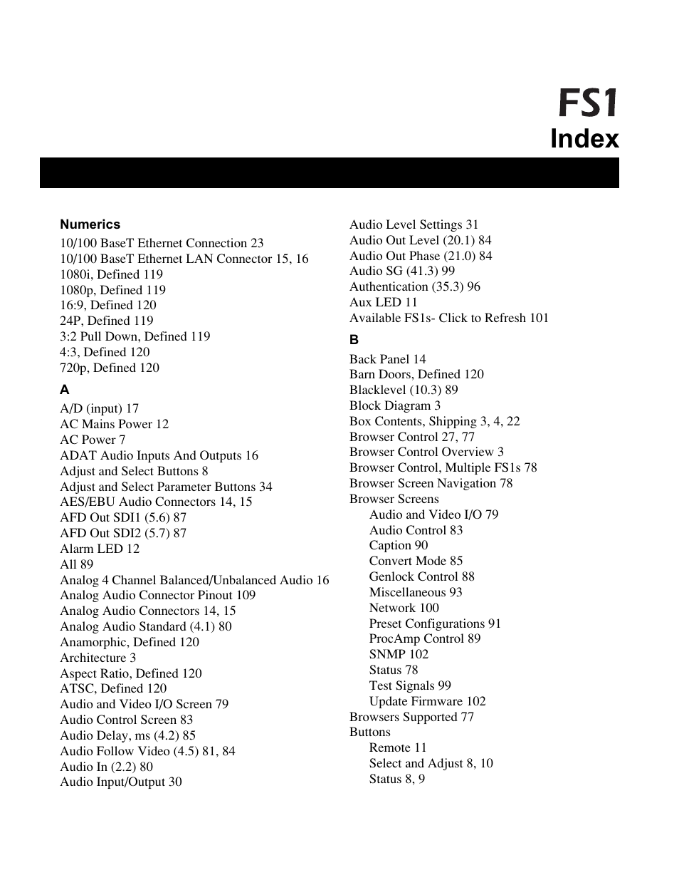 Index | AJA FS1 Version 2.2.0.47 User Manual | Page 133 / 138