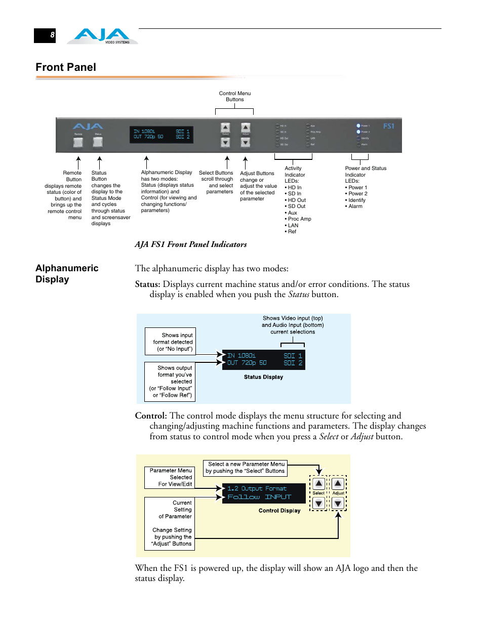 Front panel, Alphanumeric display, Aja fs1 front panel indicators | AJA FS1 Version 2.2.0.47 User Manual | Page 18 / 138