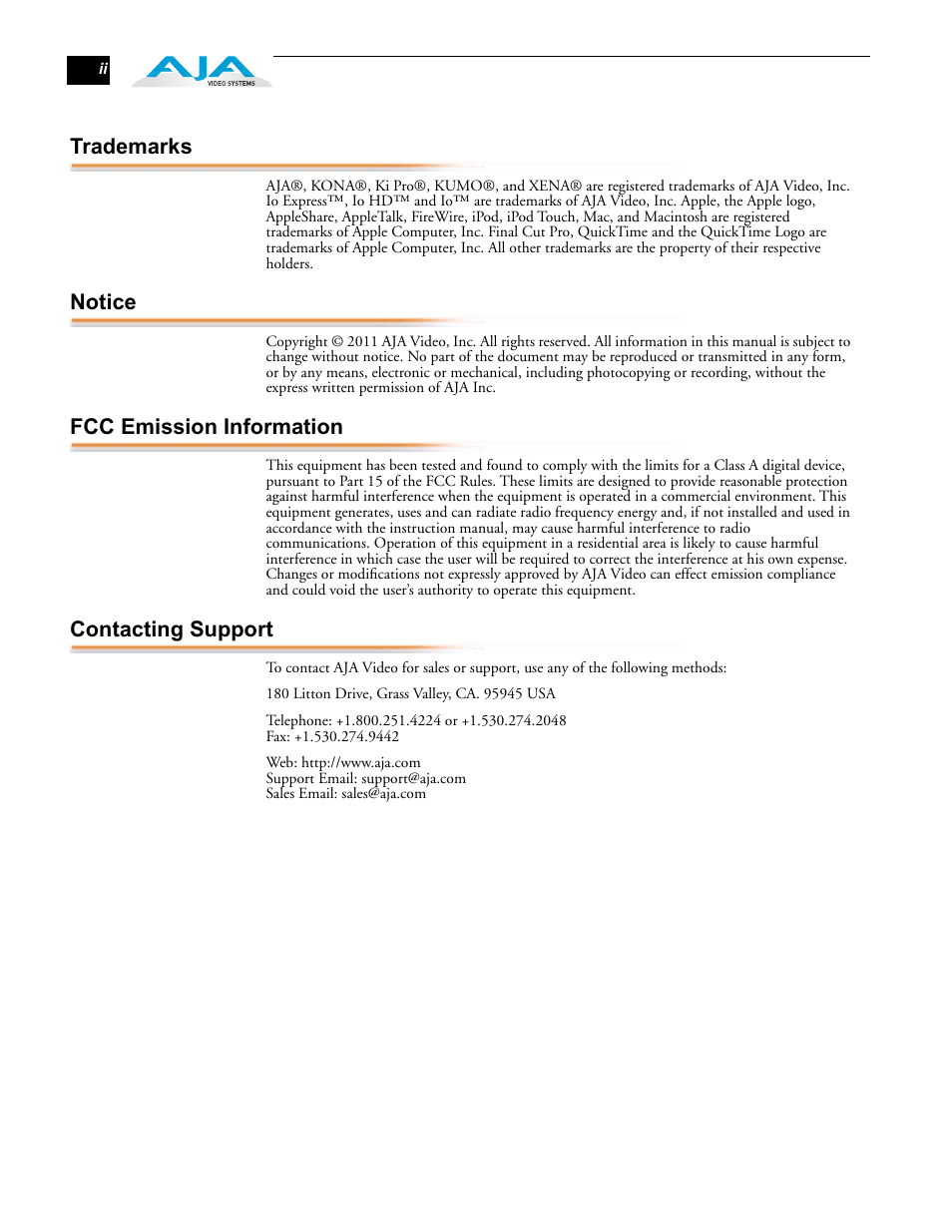 Trademarks, Notice, Fcc emission information | Contacting support | AJA FS1 Version 2.2.0.47 User Manual | Page 2 / 138
