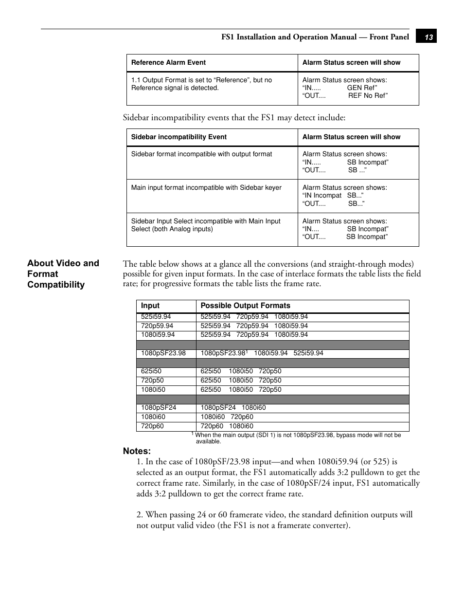 About video and format compatibility | AJA FS1 Version 2.2.0.47 User Manual | Page 23 / 138