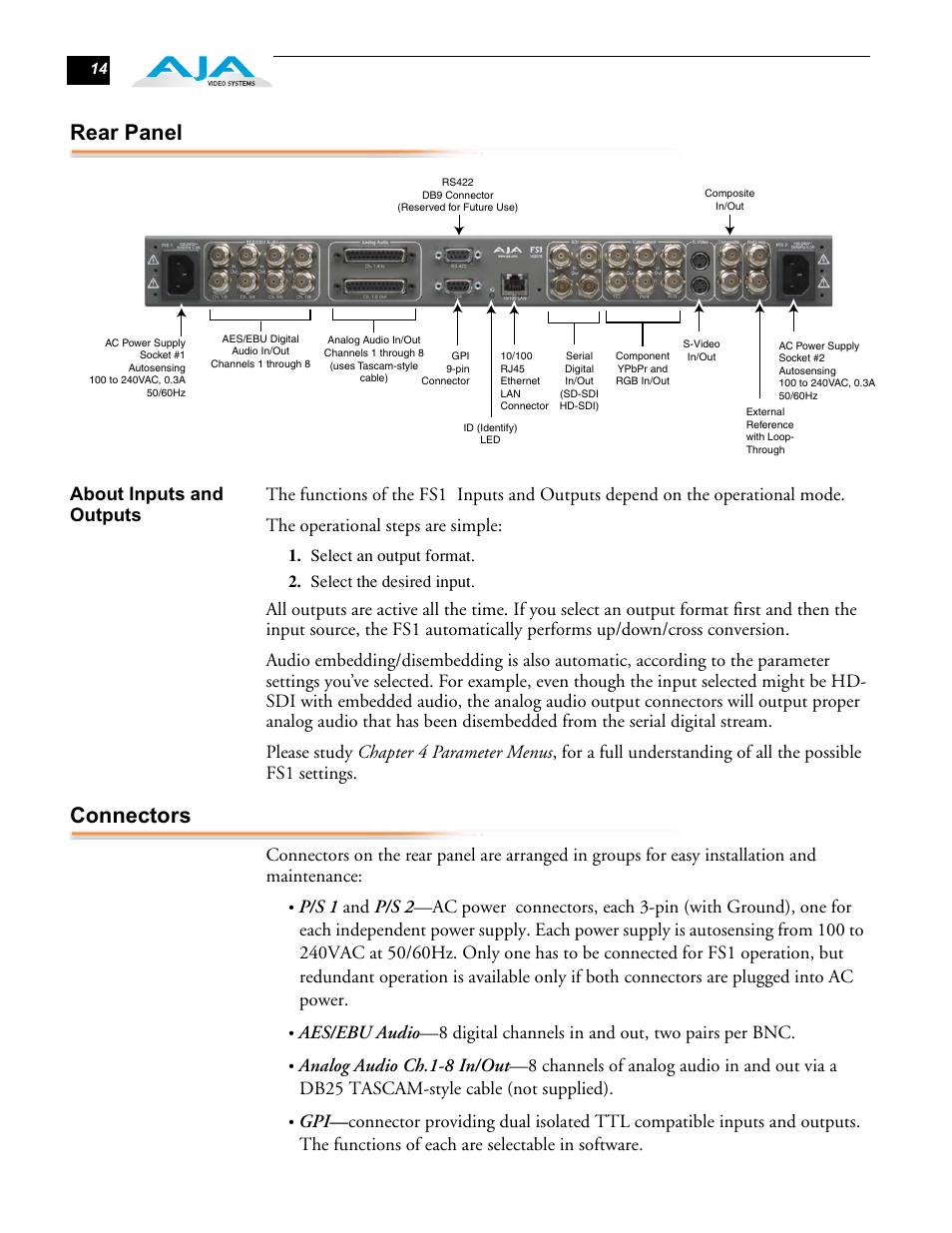 Rear panel, About inputs and outputs, Connectors | AJA FS1 Version 2.2.0.47 User Manual | Page 24 / 138