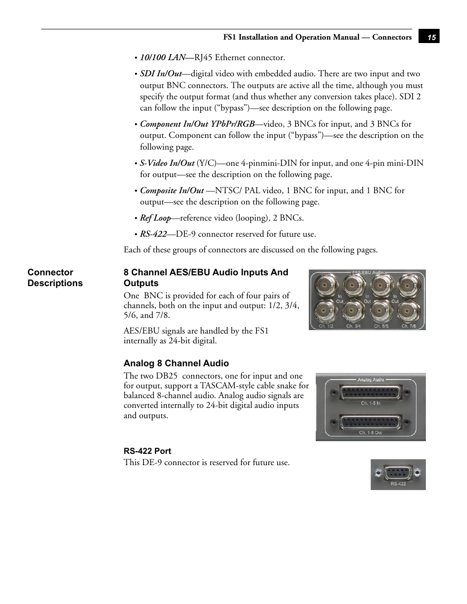 Connector descriptions, 8 channel aes/ebu audio inputs and outputs, Analog 8 channel audio | Rs-422 port | AJA FS1 Version 2.2.0.47 User Manual | Page 25 / 138
