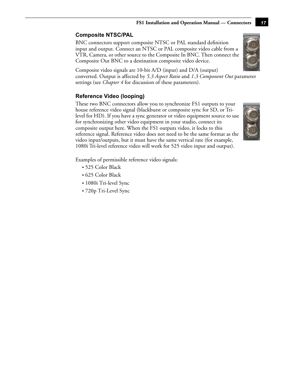 Composite ntsc/pal, Reference video (looping), Examples of permissible reference video signals | AJA FS1 Version 2.2.0.47 User Manual | Page 27 / 138