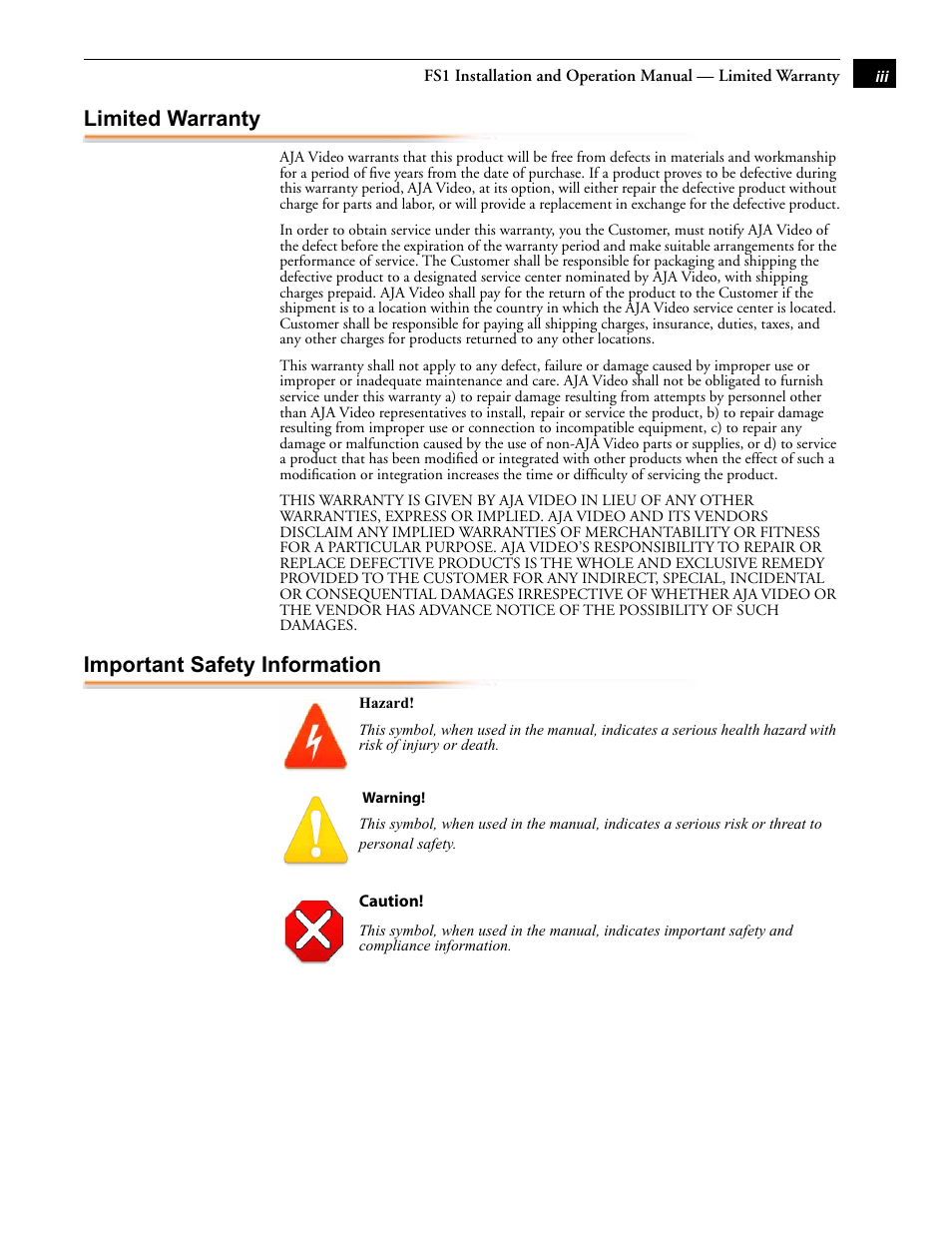 Limited warranty, Important safety information | AJA FS1 Version 2.2.0.47 User Manual | Page 3 / 138