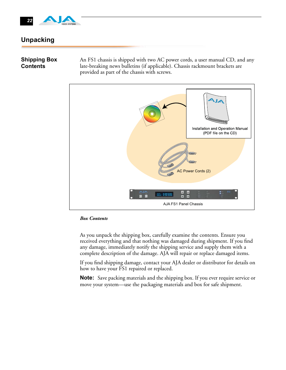 Unpacking, Shipping box contents | AJA FS1 Version 2.2.0.47 User Manual | Page 32 / 138