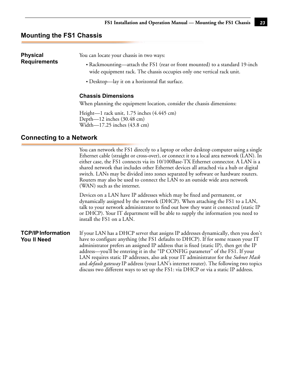 Mounting the fs1 chassis, Physical requirements, Chassis dimensions | Connecting to a network, Tcp/ip information you’ll need | AJA FS1 Version 2.2.0.47 User Manual | Page 33 / 138