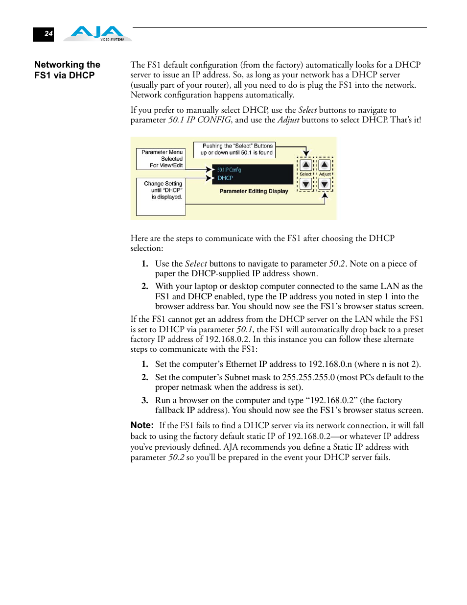 Networking the fs1 via dhcp | AJA FS1 Version 2.2.0.47 User Manual | Page 34 / 138