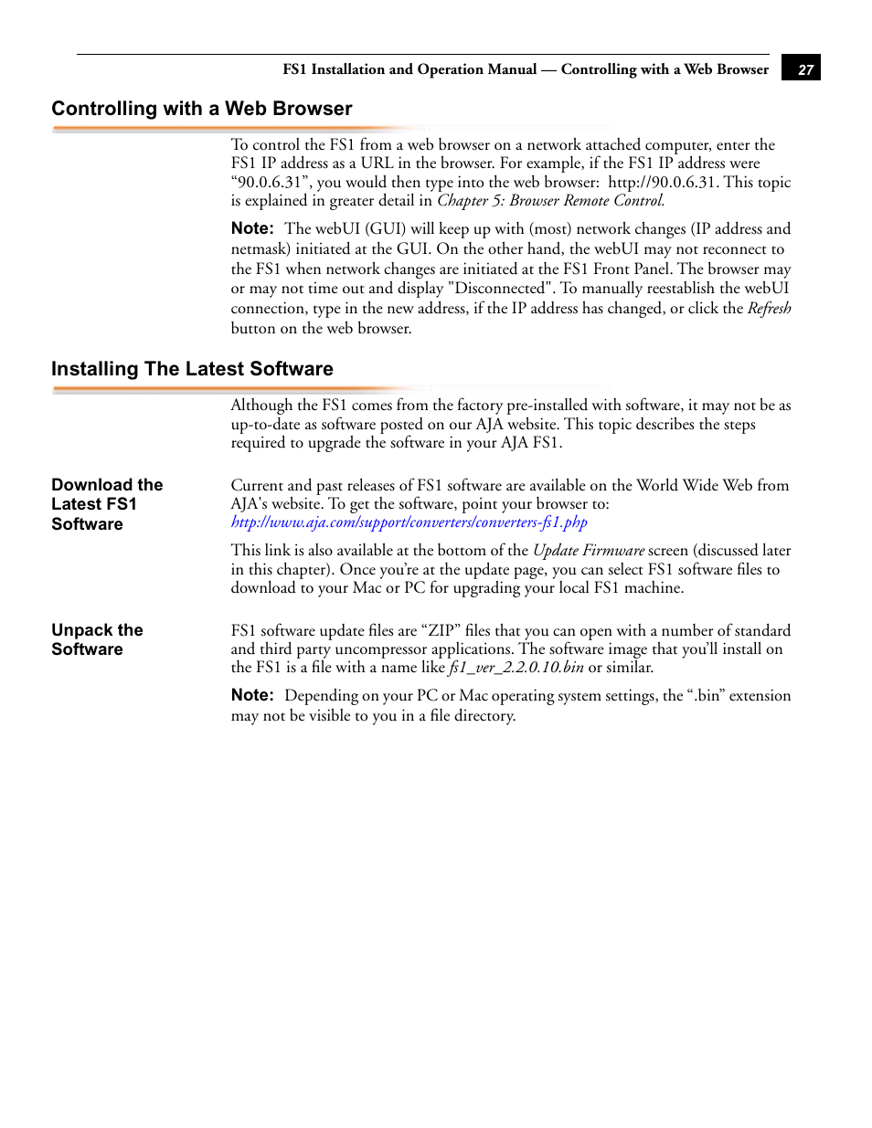 Controlling with a web browser, Installing the latest software, Download the latest fs1 software | Unpack the software | AJA FS1 Version 2.2.0.47 User Manual | Page 37 / 138