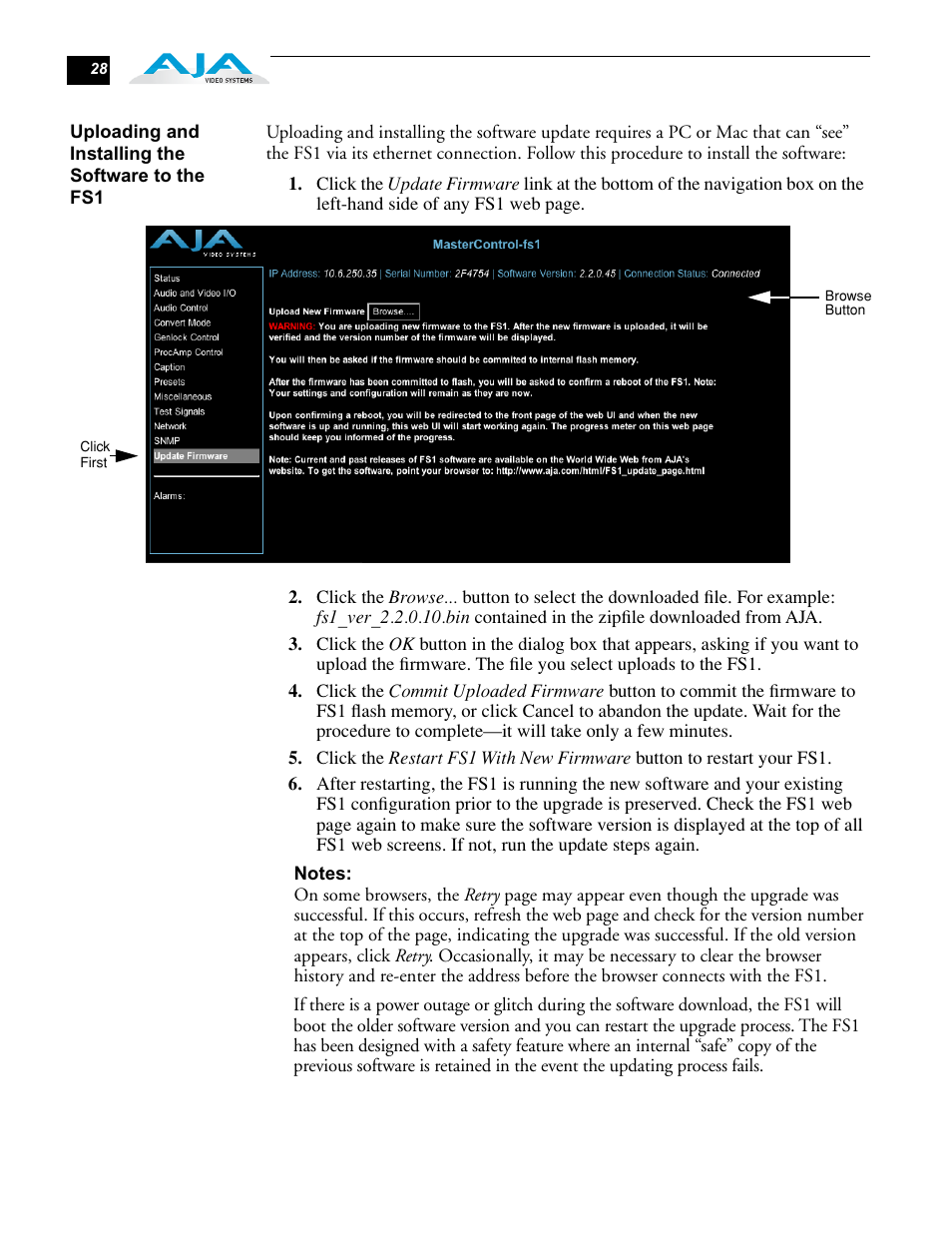 Uploading and installing the software to the fs1 | AJA FS1 Version 2.2.0.47 User Manual | Page 38 / 138
