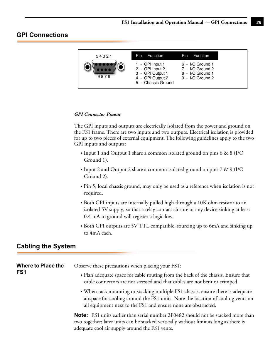 Gpi connections, Cabling the system, Where to place the fs1 | Gpi connections cabling the system | AJA FS1 Version 2.2.0.47 User Manual | Page 39 / 138