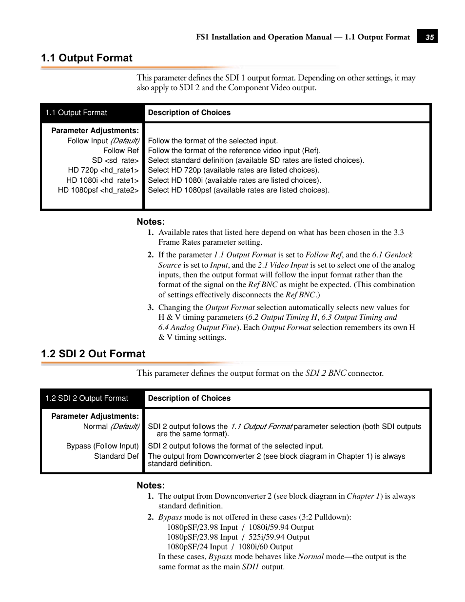 1 output format, 2 sdi 2 out format, 1 output format 1.2 sdi 2 out format | AJA FS1 Version 2.2.0.47 User Manual | Page 45 / 138