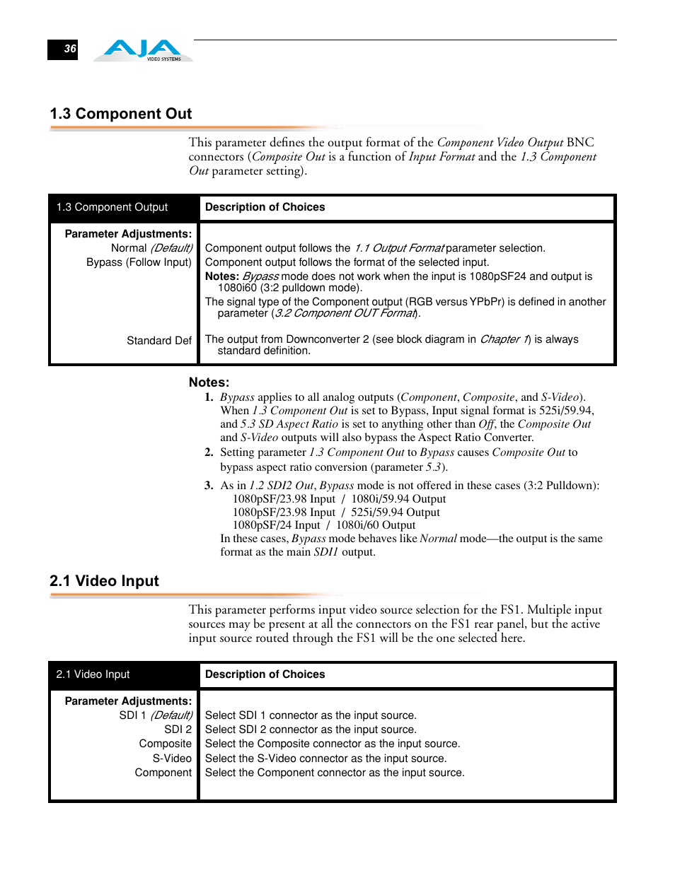 3 component out, 1 video input, 3 component out 2.1 video input | AJA FS1 Version 2.2.0.47 User Manual | Page 46 / 138