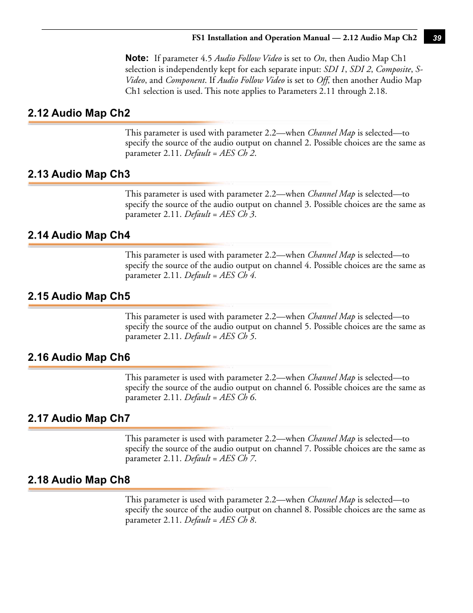 12 audio map ch2, 13 audio map ch3, 14 audio map ch4 | 15 audio map ch5, 16 audio map ch6, 17 audio map ch7, 18 audio map ch8 | AJA FS1 Version 2.2.0.47 User Manual | Page 49 / 138