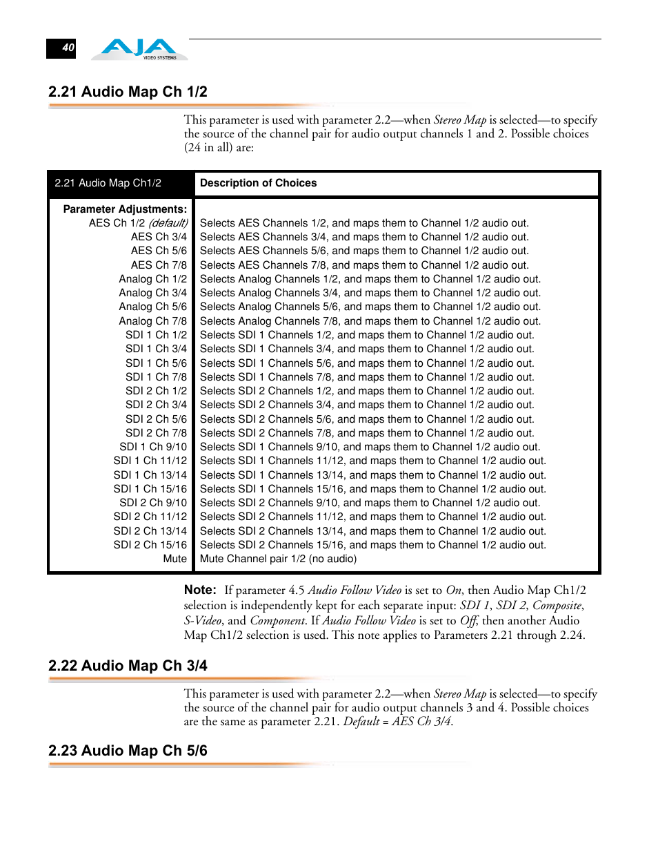 21 audio map ch 1/2, 22 audio map ch 3/4, 23 audio map ch 5/6 | AJA FS1 Version 2.2.0.47 User Manual | Page 50 / 138