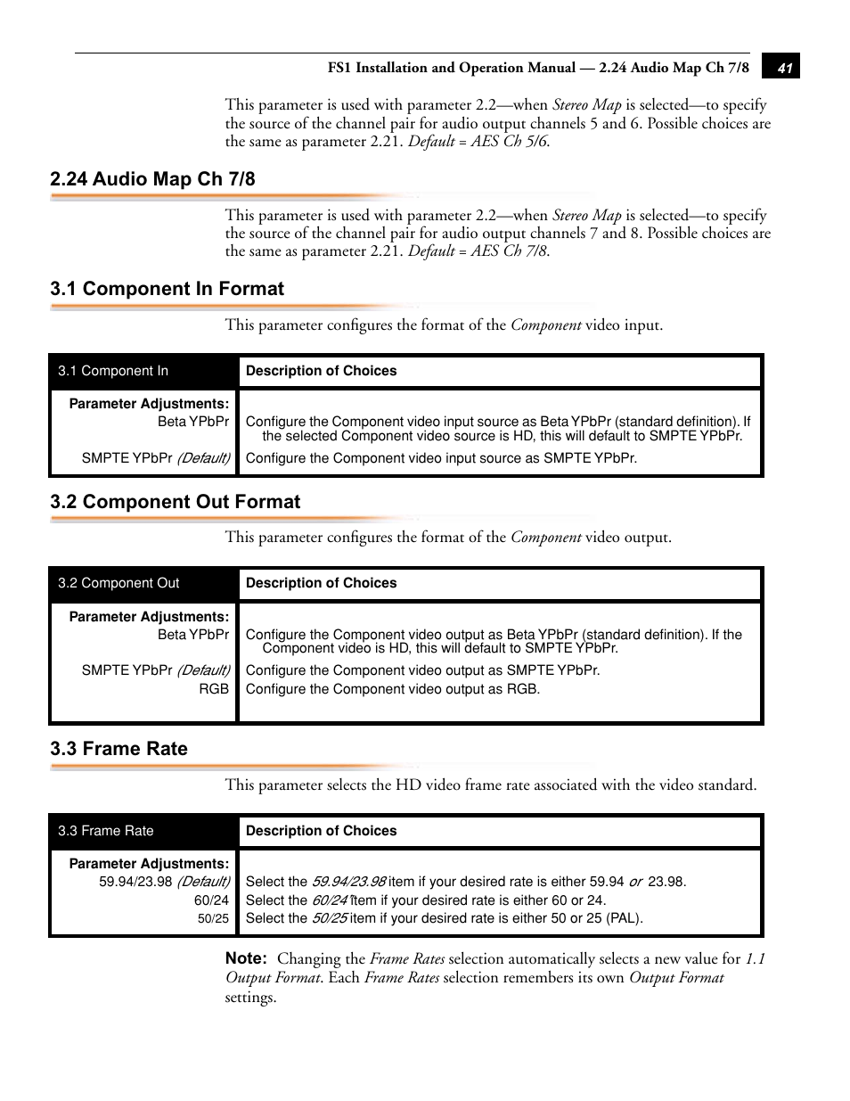 24 audio map ch 7/8, 1 component in format, 2 component out format | 3 frame rate | AJA FS1 Version 2.2.0.47 User Manual | Page 51 / 138
