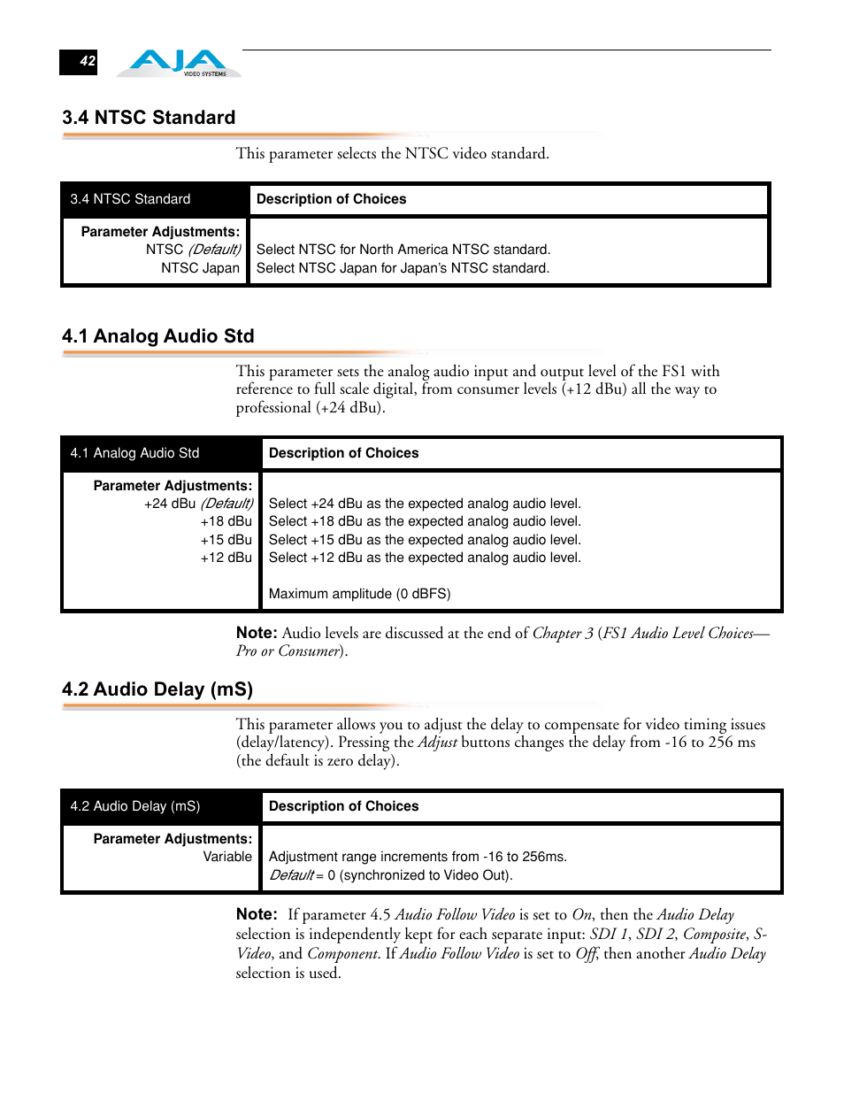 4 ntsc standard, 1 analog audio std, 2 audio delay (ms) | AJA FS1 Version 2.2.0.47 User Manual | Page 52 / 138