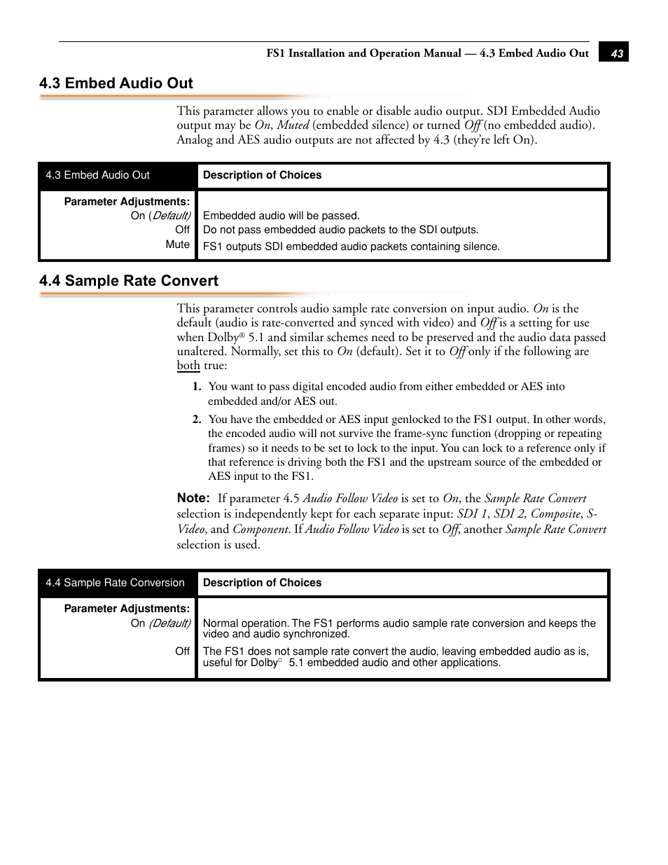 3 embed audio out, 4 sample rate convert, 3 embed audio out 4.4 sample rate convert | AJA FS1 Version 2.2.0.47 User Manual | Page 53 / 138