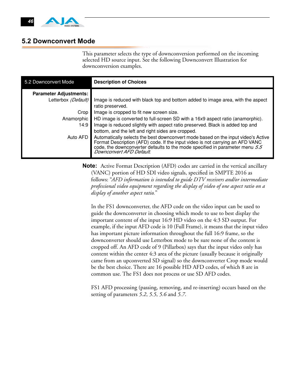 2 downconvert mode | AJA FS1 Version 2.2.0.47 User Manual | Page 56 / 138