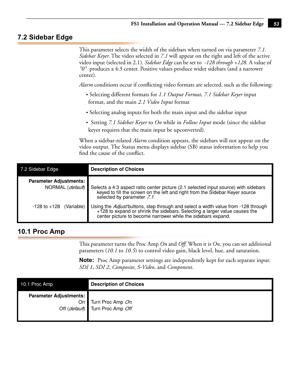 2 sidebar edge, 1 proc amp, 2 sidebar edge 10.1 proc amp | AJA FS1 Version 2.2.0.47 User Manual | Page 63 / 138